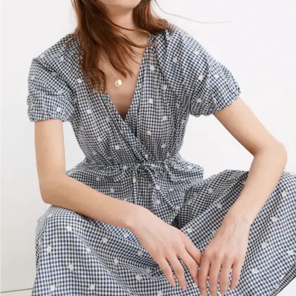 Gently Loved Embroidered Gingham Faux-Wrap Tie-Waist Midi Dress by Madewell - Picture 13 of 16